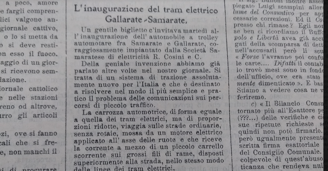 Estratto da Cronaca prealpina : gazzetta dei tre laghi 15 novembre 1903, l'inaugurazione del tram Gallarate-Samarate