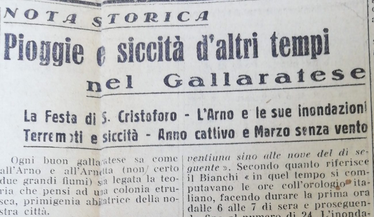 Foto di un articolo di Mario Turla su il quotidiano Gallaratese "Vita Popolare" del 22 aprile 1938. Descrive siccità e alluvioni a Gallarate sul finire del 1700